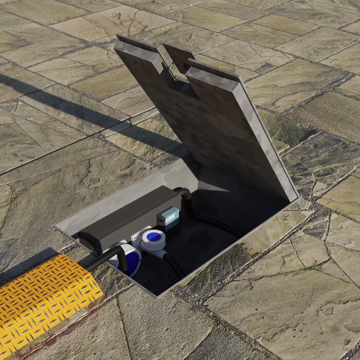 Pop Up Power SuppImage of an in-ground unt with the hinged lid closed